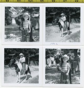 (4) Vintage 1962 Miniature Horse Photos / Little Boy With His Pony & Cowboy Hat