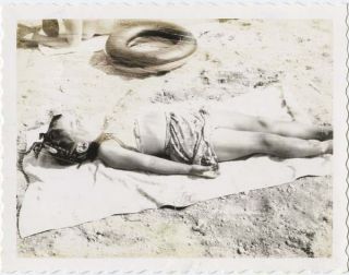 Vintage B & W Polaroid Photo Girl Sunbathing At Beach 1960s