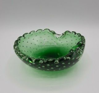 Vintage Hand Blown Studio Green Art Glass Bullicante Bowl Controlled Bubbles