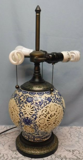 Oriental Blue & White Round Table Lamp Base W/ 3 Sockets Lights
