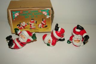 Vintage Set Of 3 J.  S.  N.  Y.  Taiwan Tumbling Santas Christmas Decor Ceramic