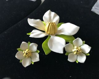 Vintage Sara Coventry Flower Pin And Earring Set - White,  Yellow,  Green