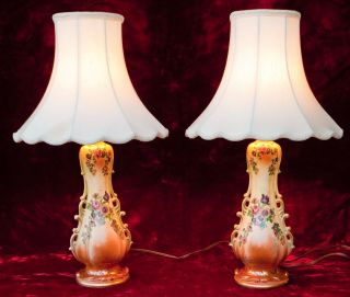 Pair Lamps Victorian Style Floral Transfer Gilt Ceramic Porcelain
