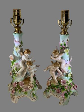 Vintage Cupid Angel Flower Floral Porcelain Table Lamps