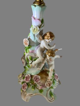 Vintage Cupid Angel Flower Floral Porcelain Table Lamps 2
