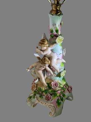 Vintage Cupid Angel Flower Floral Porcelain Table Lamps 3