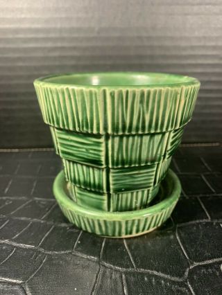 Vintage Mccoy Pottery Dark Green Basket Weave Flower Pot Planter
