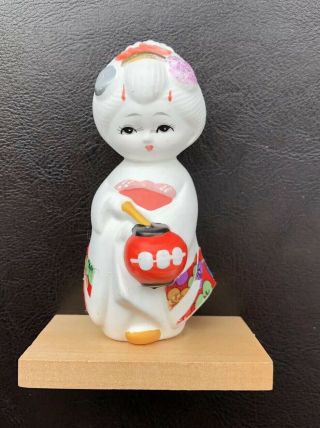 Japanese Bisque Hakata Clay Figurine Woman Girl With Lantern