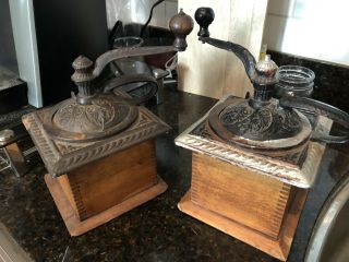 Two (2) Vintage Wood Dovetailed Hand Crank Coffee Grinders With Cast Iron