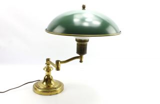 Vintage Stiffel Gold Desk Swinging Table Lamp Green Dome Tole Shade Milk Glass