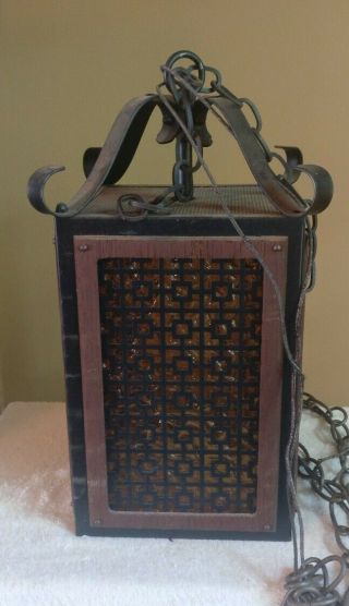 Vintage Spanish Revival Black Wrought Iron Glass Wood Swag Lamp Mcm Restoration