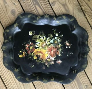 Vintage Tole Painted Metal Tray Black Floral Roses Cottage Home Decor Toleware