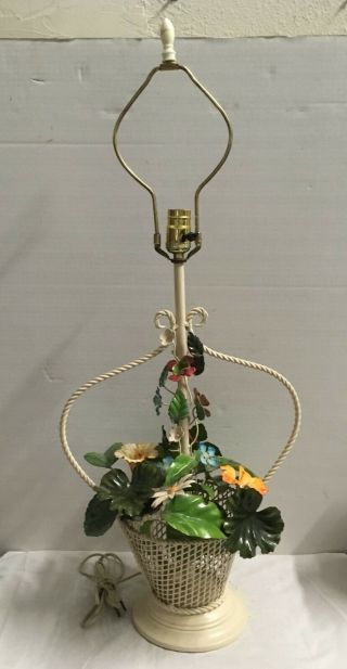Vintage Italian Tole Metal Floral Basket Table Lamp Painted Flower Bouquet