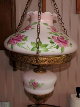 Vintage Hurricane Style Hanging Light Swag Parlor Lamp Glass Pink Globes W/roses