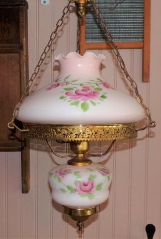 Vintage Hurricane Style Hanging Light Swag Parlor Lamp Glass Pink Globes w/Roses 2