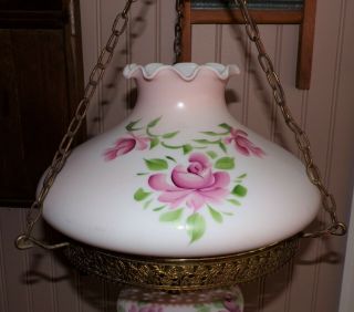 Vintage Hurricane Style Hanging Light Swag Parlor Lamp Glass Pink Globes w/Roses 3