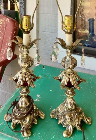 Vtg Pair Art Deco Nouveau Cast Metal Silver Boudoir Table Lamps Prisms