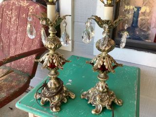 Vtg pair Art Deco Nouveau Cast Metal Silver Boudoir Table Lamps prisms 2