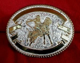 Vintage Crumrine Calf Roping Cowboy Rodeo Award Belt Buckle -