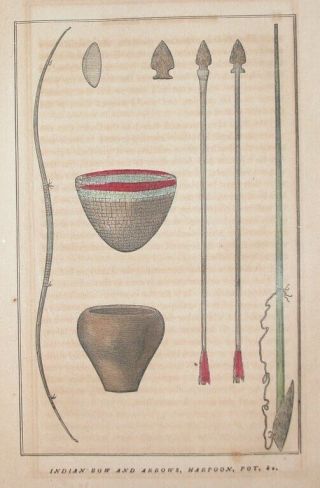 1857 N.  America Indian Engraving Bow Arrows Harpoon Pot Baskets Artifact History