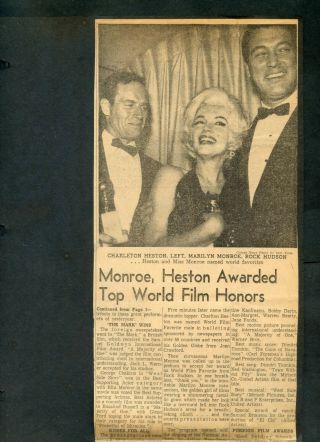 Vintage Newspaper Clippings,  Marilyn Monroe Wins A Golden Globe,  March 6,  1962.