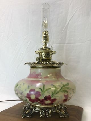 Vtg Antique Hand Painted Glass Gwtw Oil Lamp Ornate Brass Red Pink Floral,  Elec.