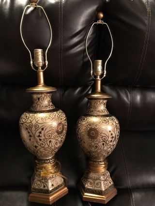 2 Vtg Hand Panted Bombay Oriental Accents Table Lamps Gold,  Black,  And Cream