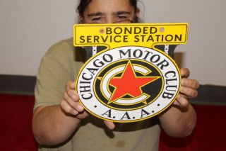 Aaa Chicago Motor Club Bonded Service Station Gas Oil Porcelain Metal Sign