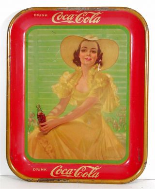 1938 Coca - Cola Tin Lithograph Advertising Tray Lady In Yellow Dress Coke Tray