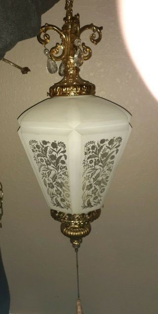 Vintage Mid Century Hanging Swag Lamp Crystals Hollywood Regency