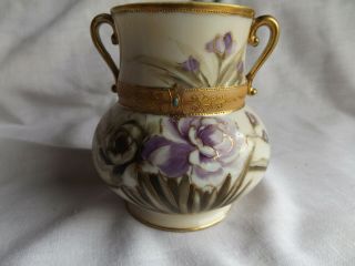 Vtg Nippon Hand Painted Double Handled Porcelain Vase W/ Gold Gilding & Flowers