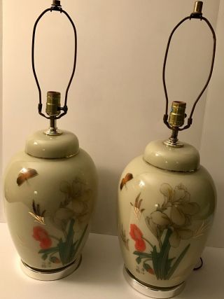 Asian Hand Painted Ginger Jar Table Lamps,  Brass Color Base