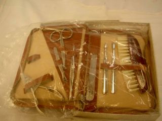 Vintage Leather Travel Vanity Grooming Kit Toiletry Case Old Made In Germany