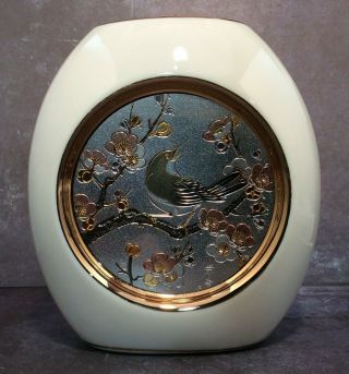 Vintage Japan Chokin Style Engraved White Porcelain Vase 24k Gold Cherry Blossom