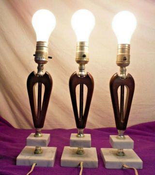3 Vtg Mid Century Modern Mcm Danish Wood 12 " Table Lamp Teak Marble Accent Light