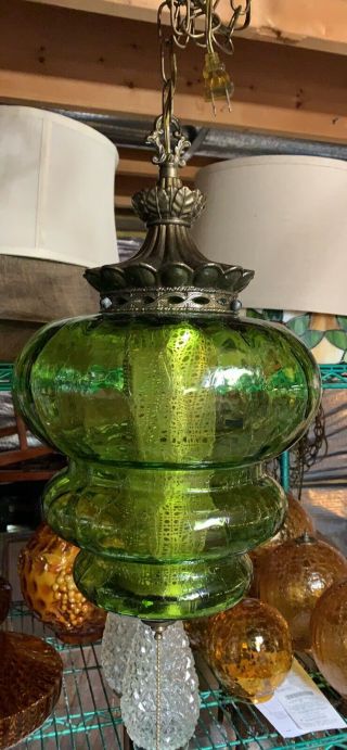 Green Clear Crackle Glass Vintage Mcm Hanging Swag Lamp Light W/ Diffuser