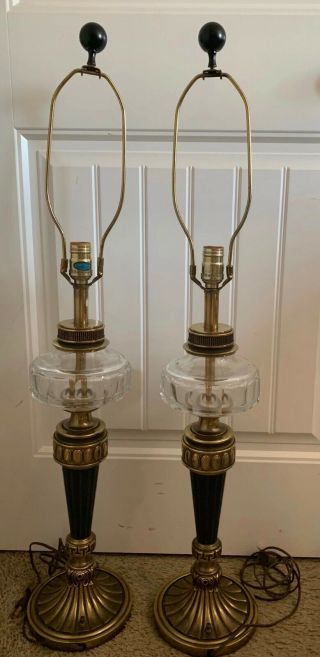 Pair Vintage Table Lamps Glass Brass Base Mid Century Hollywood Regency