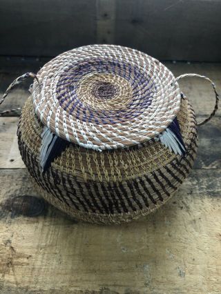 Hand Woven African Basket Bowl Handmade Fine Quality Coiled 7” X 4.  5”.