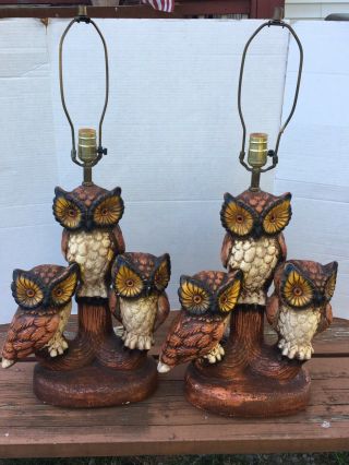 Vintage Pair Ceramic Chalkware Plaster Owl Trio On A Branch Table Lamps 29 "