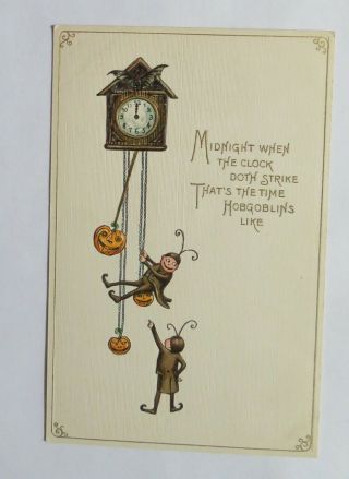 Vtg Halloween Postcard Brownies & Bat Coocoo Clock With Pumpkin Weights Germany