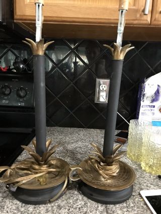 Pair Tall Frederick Cooper Brass Candlestick Pineapple Buffet Brass Black Lamps