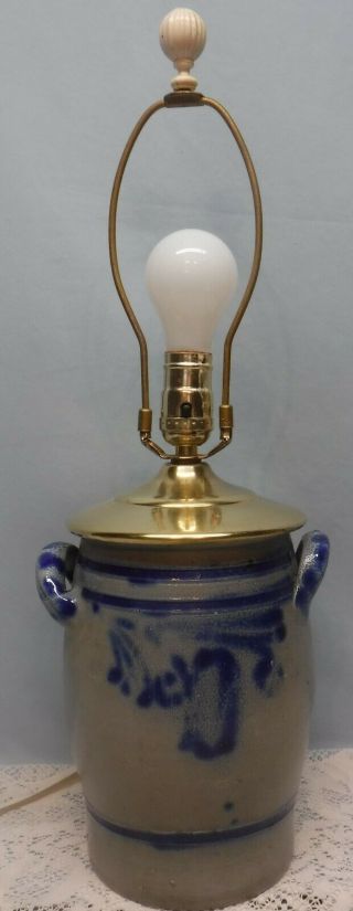 Vintage Stoneware Wilhemina Bazars Pottery Lamp Crock Salt Glaze Cobalt Blue