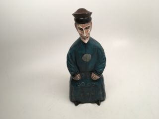 Vintage Hand Carved & Painted Wood Chinese Man Figurine Statue