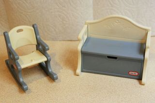 Vintage Little Tikes Dollhouse Size Blue & White Rocker And Matching Toy Box