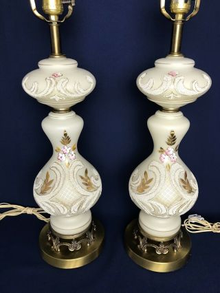 Pair German Hand Painted Satin Glass Table Lamps Hollywood Regency Vintage 35 "