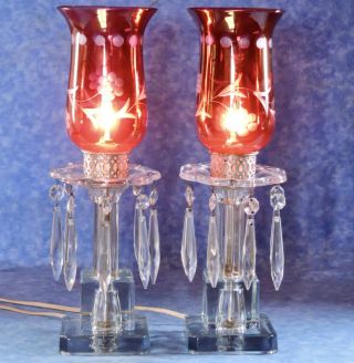 2 Vtg.  Ruby Flashed Cut To Clear Hurricane Glass Lamps W/ Crystal Prism Lustres