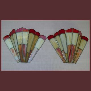 Vintage Pair Wall Sconces Light Shades Stained Glass Tiffany Lamp Style