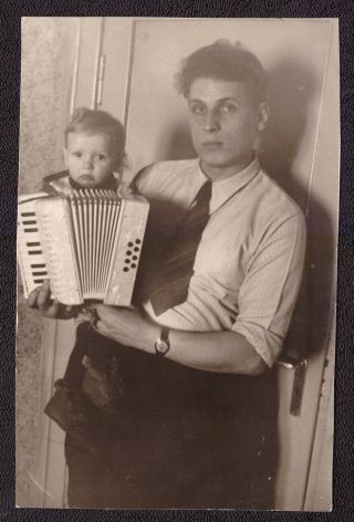 Young Cute Soviet Child Toys Accordion Ussr Russian Vintage Old Family Photo