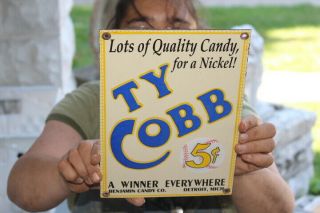 Ty Cobb 5c Candy Baseball Detroit Tigers Gas Oil Porcelain Metal Sign