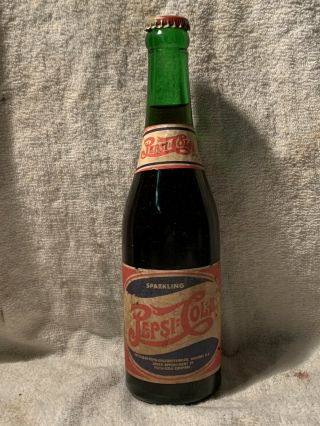 Full 12oz Pepsi - Cola Hickory,  N.  C.  Paper Label Double Dot Green Soda Bottle